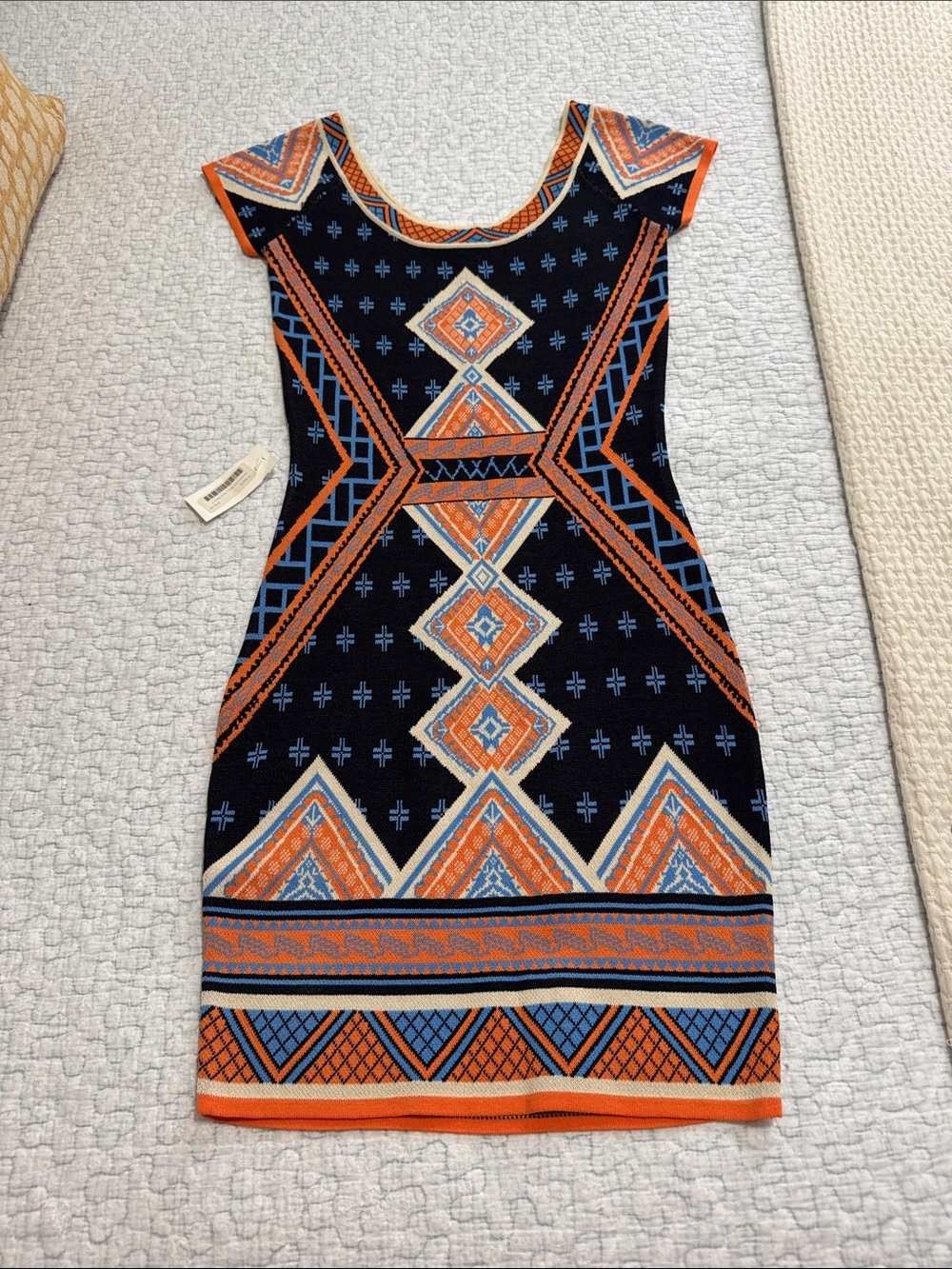 NWT Jealous Tomato Navy, Orange & Light Blue Geometric Bodycon Dress